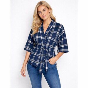 Pendleton Women's Plaid Top‎ Tie Front Short Sleeve Navy Blue Medium